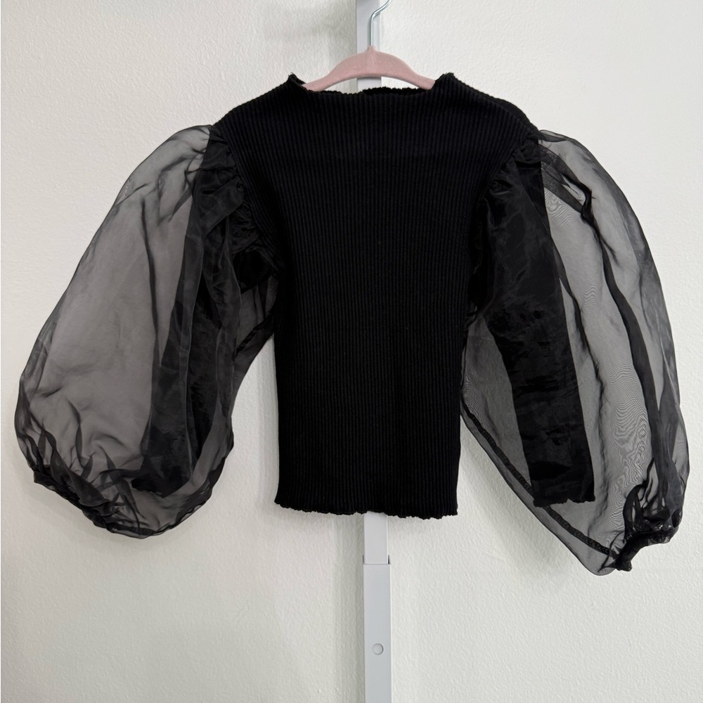 AMOR & Little Girls Black Kids Sweater with Sheer Sleeves